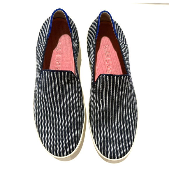 Rothy’s Original Slip On Sneakers Size 9.5 Blue Riviera Pinstripe Washable Shoes - Picture 1 of 8